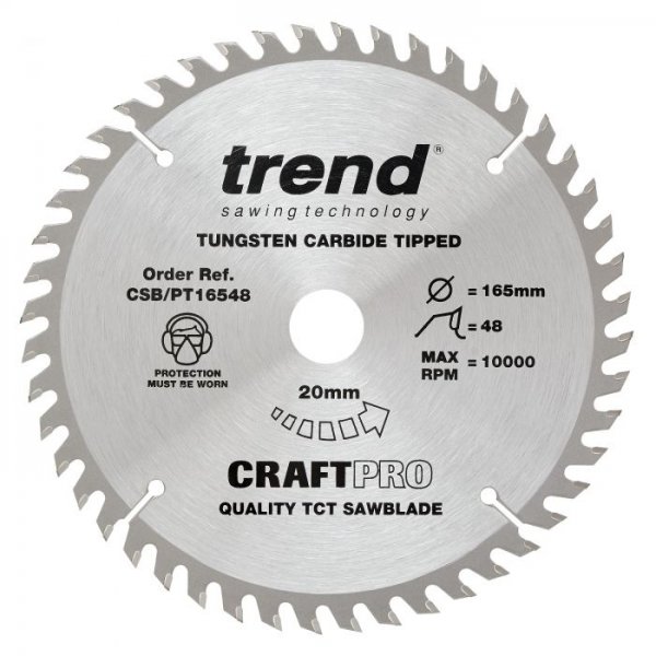 Trend CSB/PT16548 CraftPro 165mm diameter 20mm bore 48 tooth fine finish cut saw blade for plunge saws