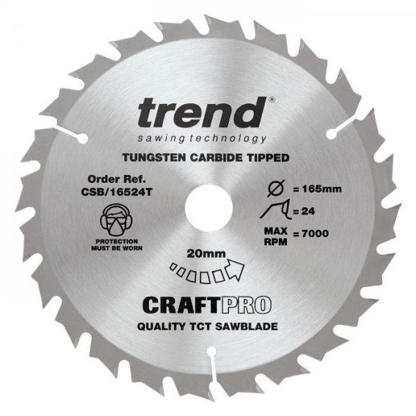 Trend CSB/16524T Craft Pro 165mm diameter 20mm bore 24 tooth combination cut thin kerf saw blade for cordless circular saws