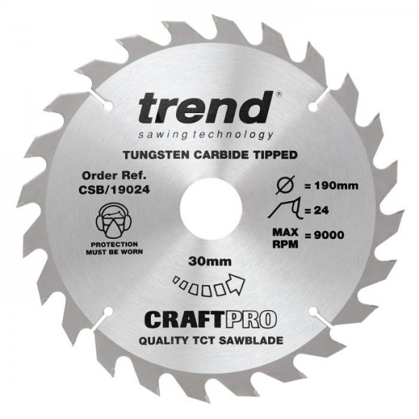 Trend CSB/19024 Craft Pro 190mm diameter 30mm bore 24 tooth combination cut saw blade for hand held circular saws.