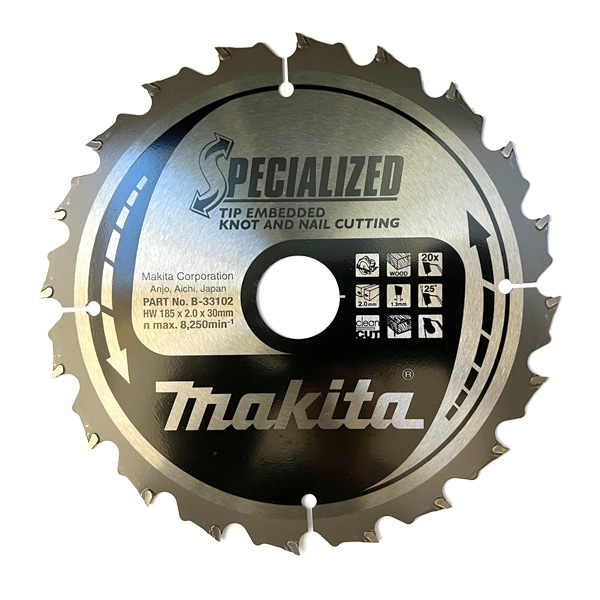 Makita B-33102 185mm x 30mm Bore 20 Specialized Tooth Knot and Nail Saw Blade