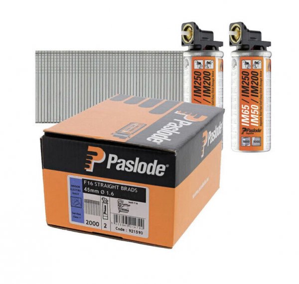 Paslode 921590 IM65F16 Electro Galvanised Straight Brad 1.6 x 45mm and Fuel Cells