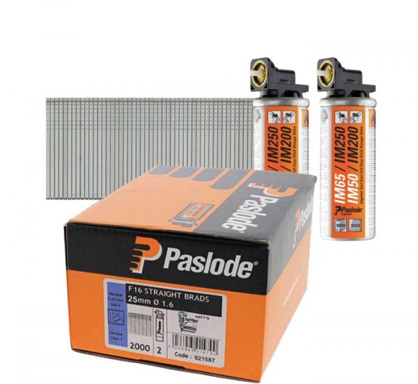 Paslode 921587 IM65F16 Electro Galvanised Straight Brad 1.6 x 25mm and Fuel Cells