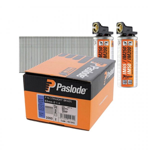 Paslode 921592 IM65F16 Electro Galvanised Straight Brad 1.6 x 63mm and Fuel Cells