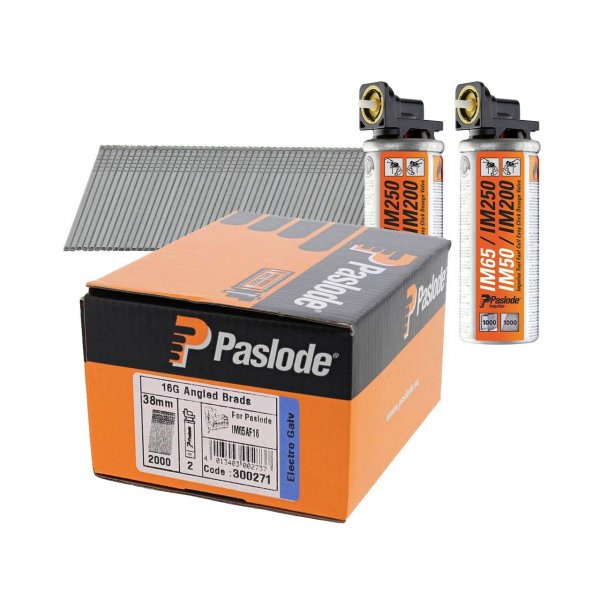 Paslode 300271 IM65AF16 Electro Galvanised Angled Brad 1.6 x 38mm and Fuel Cells