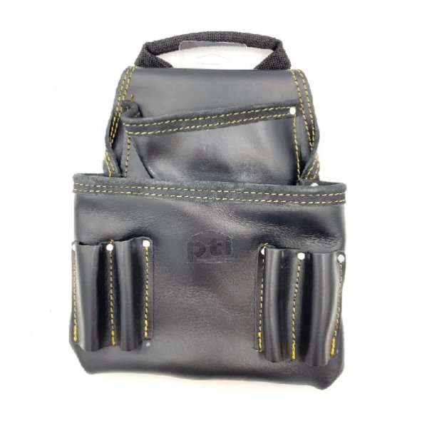 PTI PTI0787BLK Premium Black Leather Single Tool Pouch with 2 Pockets and 4 Tool Holder Slots