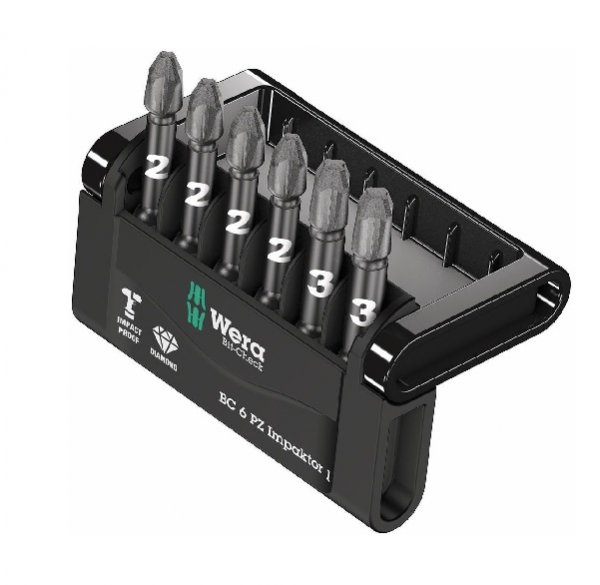 Wera 057692 Impaktor 6 Piece 50mm Long Pozi Impact Screwdriver Bit Set PZ2 & PZ3