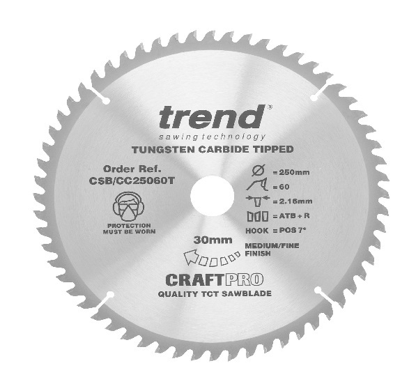 Trend CSB/CC25060T Wood Cordless ATBR Mitre Saw Blade 250mm x 30mm x 60T